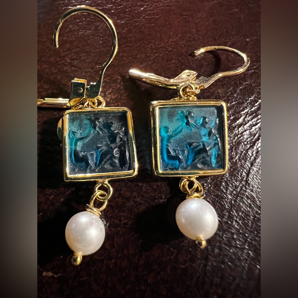TAGLIAMONTE Solid 18k Gold Venetian Turquoise Glass Earrings With Pearl Dangle